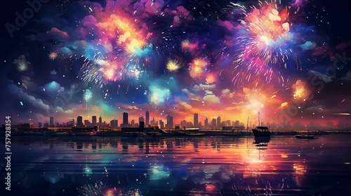 Bright fireworks light up the night sky