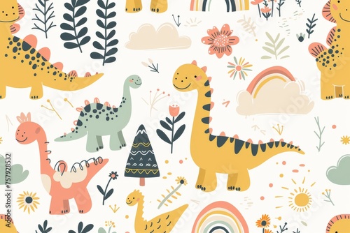 Colorful cartoon dinosaurs in a whimsical landscape. This vibrant image showcases playful cartoon dinosaurs in a variety of colors  surrounded by whimsical flora and other cute elements