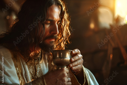 Jesus Christ holds the sacred cup, the sacrament of the holy communion shared among believers photo