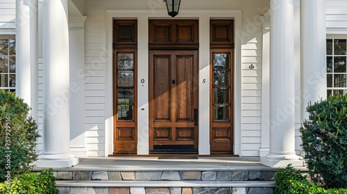 Wooden front door window. Main entrance door in the house. Generative Ai