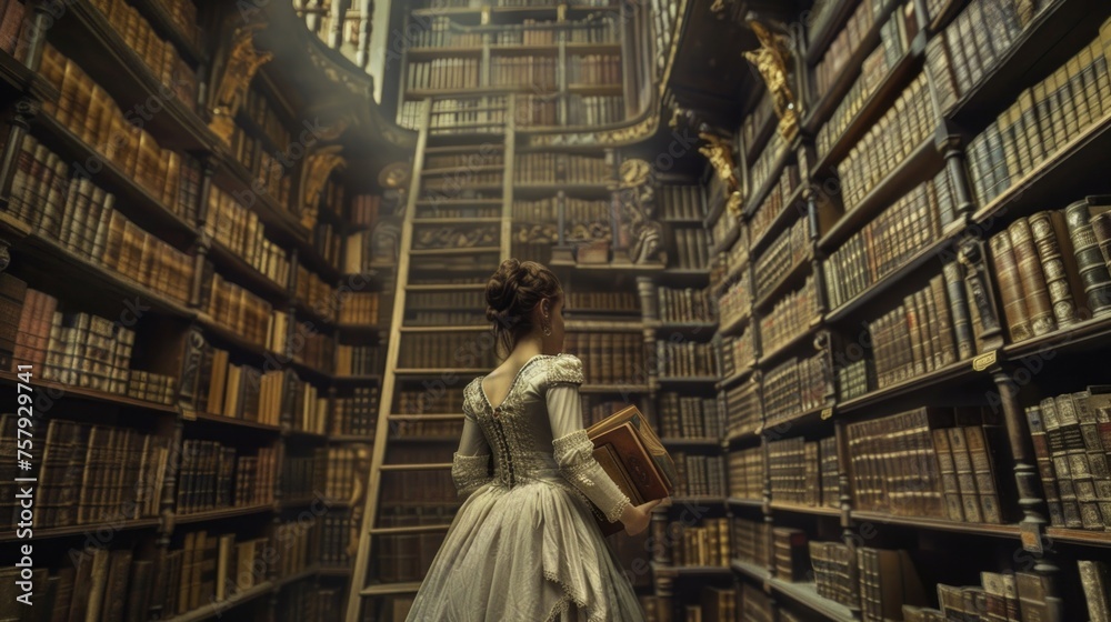 A woman elegantly stands in a library, wearing a white dress and surrounded by shelves filled with books. A woman elegantly stands in a library, wearing a white dress and surrounded by shelves filled with books.