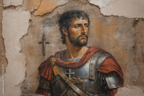 Alte Wand als Leinwand mit römischen Soldaten zur Zeit Jesus Christus. Der Putz bröckelt ab, das Porträt ist wie die Wand rissig und schmutzig. photo