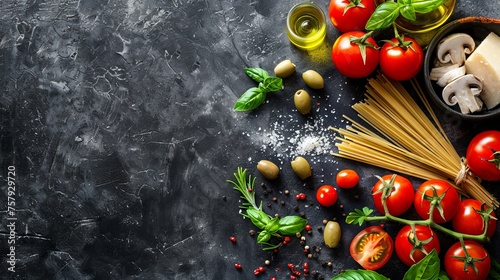 Vine tomatoes, basil, pasta, mushrooms, olives, parmesan, olive oil, garlic, peppercorns, rosemary, parsley, and thyme are some of the ingredients in Italian cuisine. slate background.