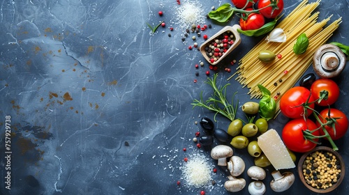 Vine tomatoes, basil, pasta, mushrooms, olives, parmesan, olive oil, garlic, peppercorns, rosemary, parsley, and thyme are some of the ingredients in Italian cuisine. slate background. photo