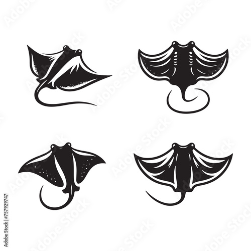 Stingray Vector Silhouette: A Graceful Silhouette Capturing the Elegance of the Stingray in Vector Form, Stingray black Illustration.