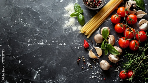 Vine tomatoes, basil, pasta, mushrooms, olives, parmesan, olive oil, garlic, peppercorns, rosemary, parsley, and thyme are some of the ingredients in Italian cuisine. slate background. photo