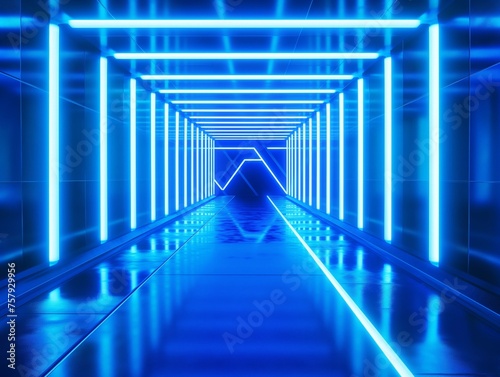 Vibrant neon-lit passage with a futuristic design and a deep blue color palette.