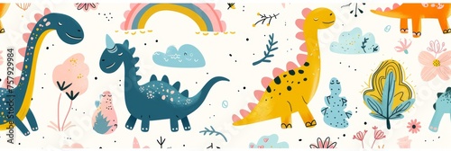 Colorful cartoon dinosaurs in a whimsical landscape. This vibrant image showcases playful cartoon dinosaurs in a variety of colors  surrounded by whimsical flora and other cute elements