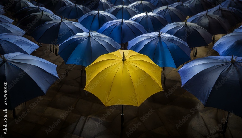 Yellow Umbrella: A Standout Amidst the Sea of Blue" - obrazy, fototapety, plakaty 