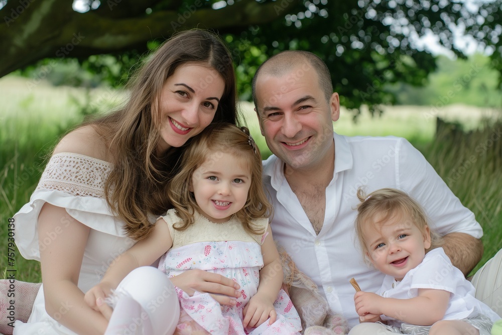 Family with beautiful babys having a picnic on the meadow in nature, countryside view Family with beautiful babys having a picnic on the meadow in nature, countryside view
