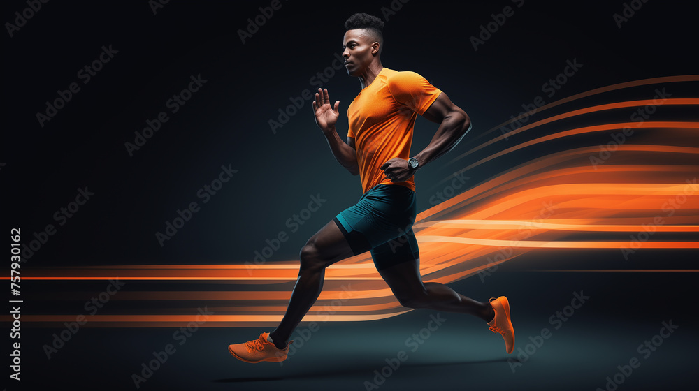 Speed Demon: sporty guy races forward with fiery orange trail, embodying strength and agility