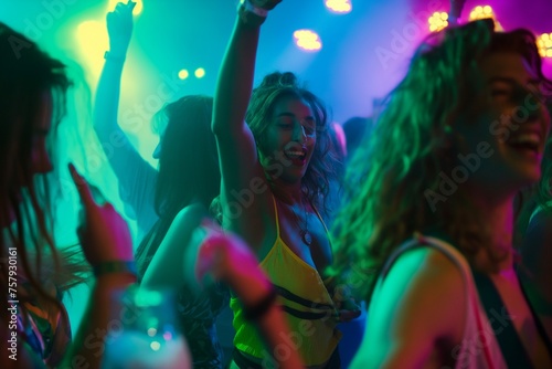Group of people dancing in a nightclub, dancing energetic friends