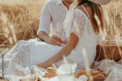 Young couple having goodtime during picnic in the meadow