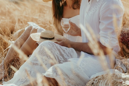 Young couple having goodtime during picnic in the meadow photo