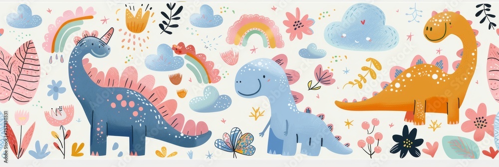 Fototapeta premium Colorful cartoon dinosaurs in a whimsical landscape. This vibrant image showcases playful cartoon dinosaurs in a variety of colors, surrounded by whimsical flora and other cute elements