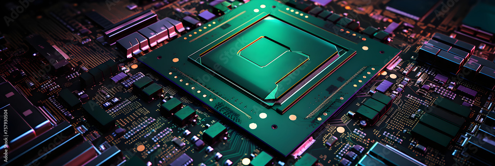 High-Resolution Close-up Image of a Complex CPU Motherboard with its Intricate Circuitry