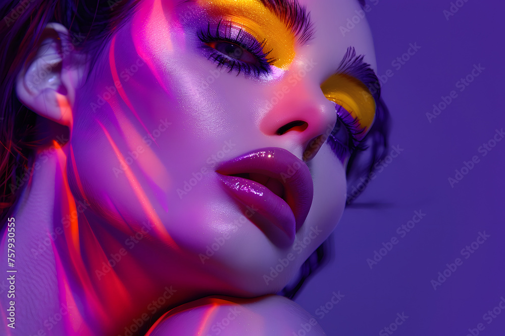 portrait of a woman with red lips on purple background portrait of a woman with red lips on purple background