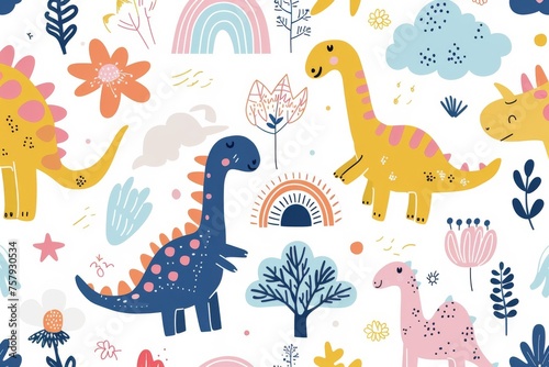 Colorful cartoon dinosaurs in a whimsical landscape. This vibrant image showcases playful cartoon dinosaurs in a variety of colors, surrounded by whimsical flora and other cute elements