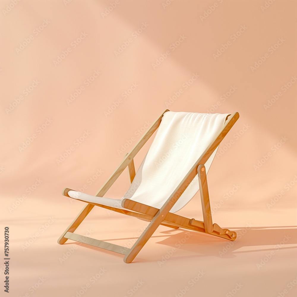 Long shot of a beach chair on a clean pastel light background