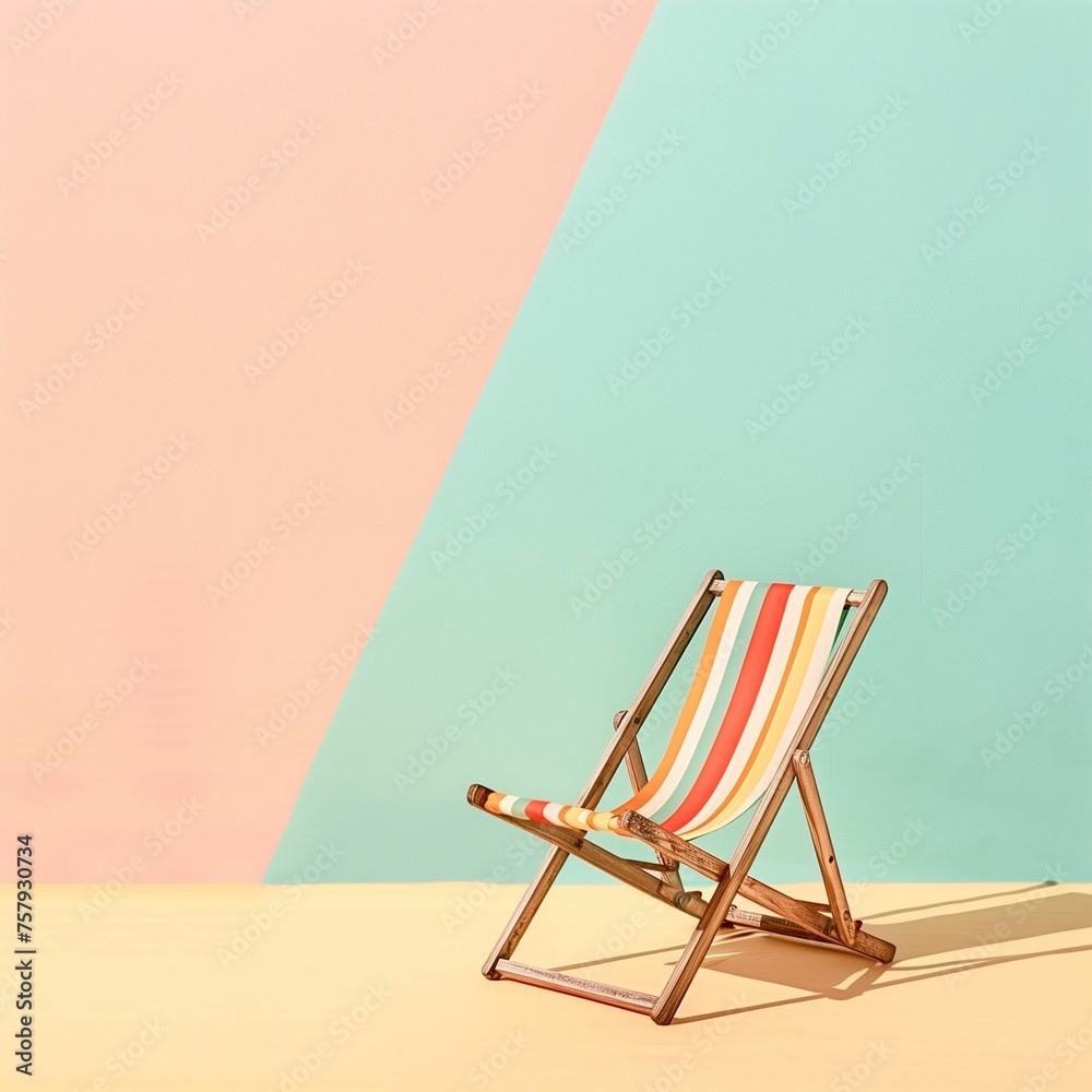 Striped studio background in pink and blue shades with wooden schizlong. Summer retro background for advertising 