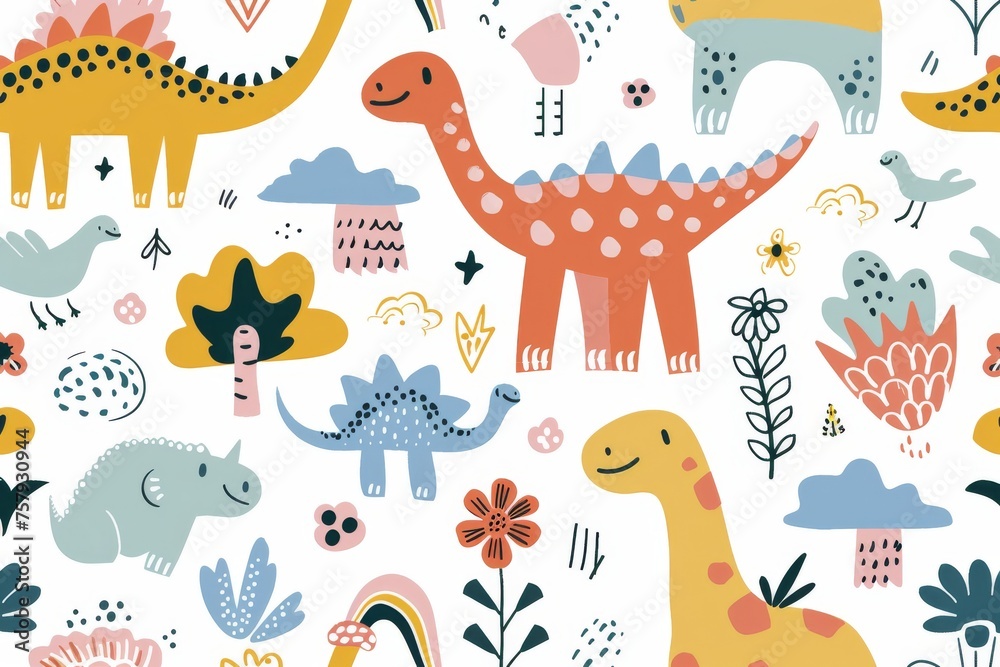 Obraz premium Colorful cartoon dinosaurs in a whimsical landscape. This vibrant image showcases playful cartoon dinosaurs in a variety of colors, surrounded by whimsical flora and other cute elements