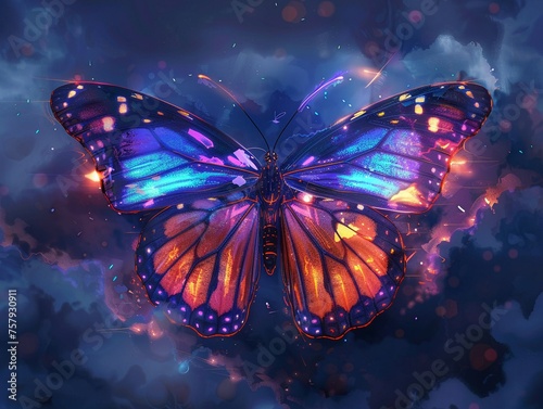 A butterfly with iridescent wings symbolizing resilience amidst a stormy sky. © Sataporn