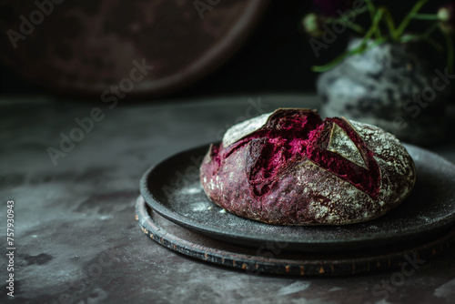 Freshly baked beetroot bread on a plate covered with flour photo