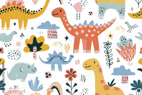 Colorful cartoon dinosaurs in a whimsical landscape. This vibrant image showcases playful cartoon dinosaurs in a variety of colors  surrounded by whimsical flora and other cute elements