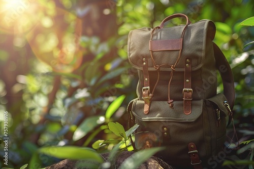 A backpack made of recycled materials set in a lush forest