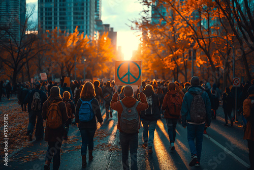 Protest march against nuclear disarmament, in which demonstrators advocate the elimination of nuclear weapons and global peace photo