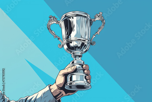 Illustration of holding trophy in hand celebrating victory
