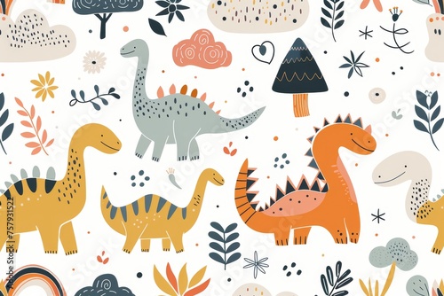 Colorful cartoon dinosaurs in a whimsical landscape. This vibrant image showcases playful cartoon dinosaurs in a variety of colors, surrounded by whimsical flora and other cute elements © Merilno