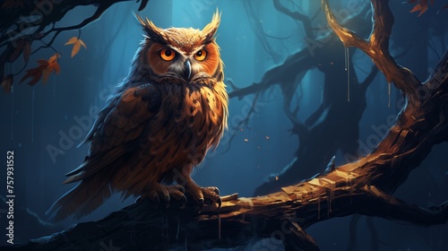 A wise old owl perches on a branch in the moonlight