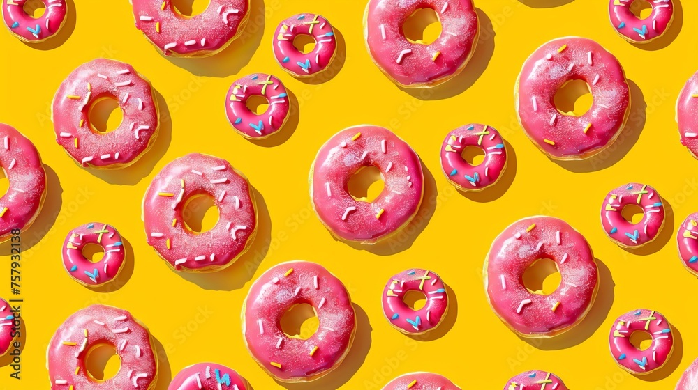 Pink doughnuts with a yellow background make up this modern take on a classic color scheme.
