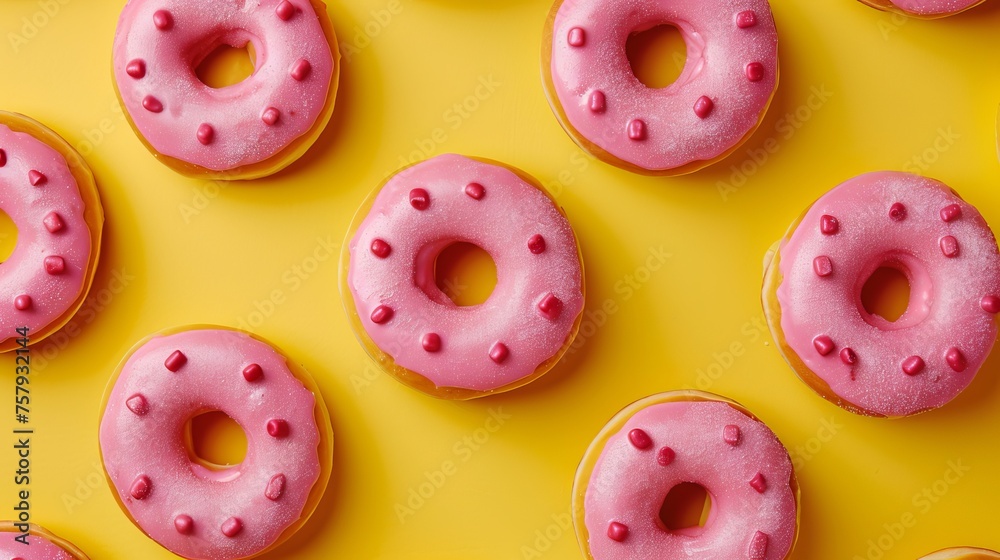 Pink doughnuts with a yellow background make up this modern take on a classic color scheme. Pink doughnuts with a yellow background make up this modern take on a classic color scheme.
