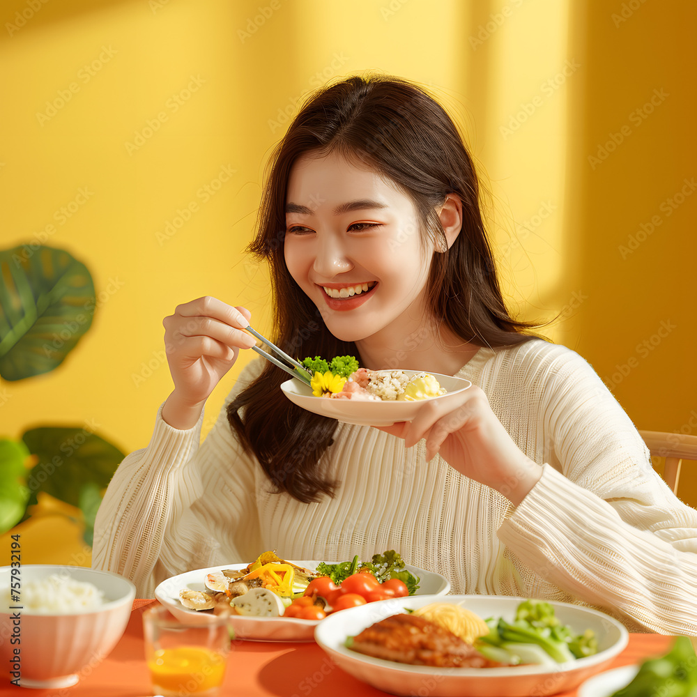 Chinese Woman Happily Enjoying Healthy Food in Warm Yellow Tones generative ai Chinese Woman Happily Enjoying Healthy Food in Warm Yellow Tones generative ai