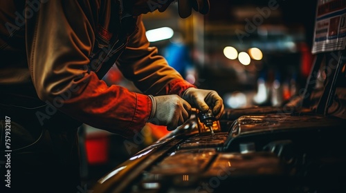 Professional mechanic conducting engine oil change on a vehicle for regular maintenance