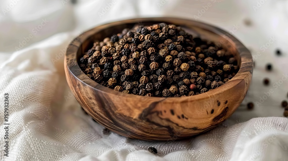 A wooden bowl filled to the brim with black peppercorns was covered in white fabric. A wooden bowl filled to the brim with black peppercorns was covered in white fabric.