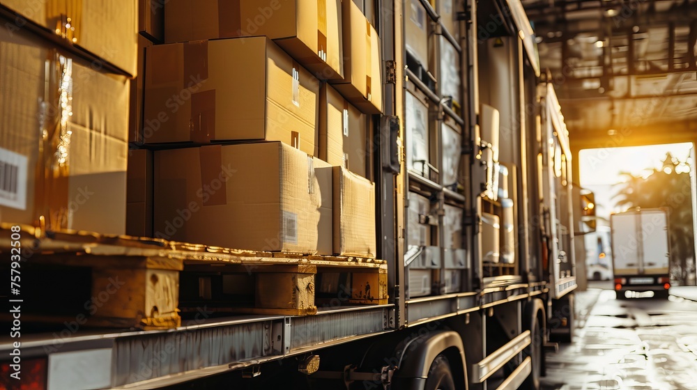 Boxes packed and loaded onto a large truck outside the warehouse, optimizing delivery Boxes packed and loaded onto a large truck outside the warehouse, optimizing delivery