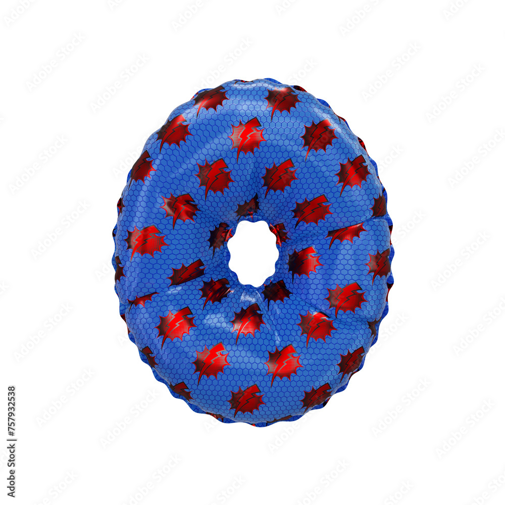 3D inflated balloon letter O with red & blue power lightning comic hero pattern hexagon surface 3D inflated balloon letter O with red & blue power lightning comic hero pattern hexagon surface