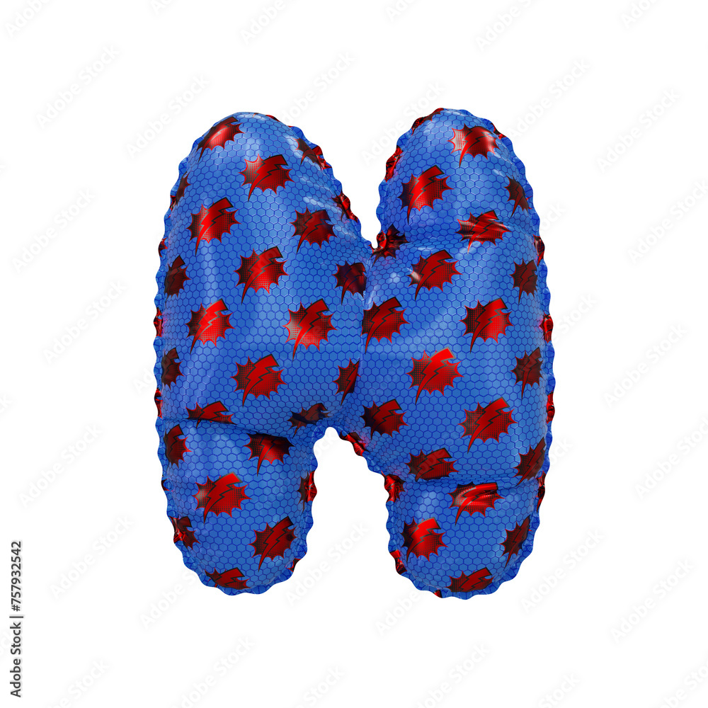 3D inflated balloon letter N with red & blue power lightning comic hero pattern hexagon surface