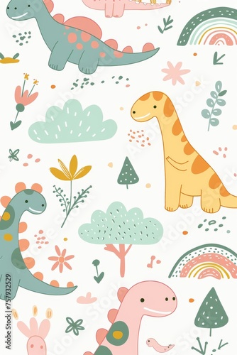 Colorful cartoon dinosaurs in a whimsical landscape. This vibrant image showcases playful cartoon dinosaurs in a variety of colors, surrounded by whimsical flora and other cute elements