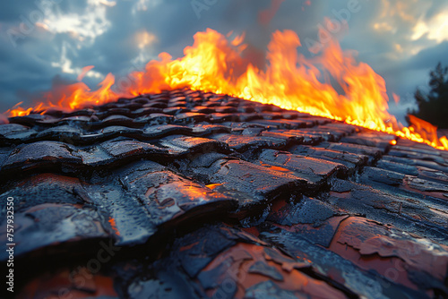 Vintage Blaze: Old Roof Ignited by Setting Sun
