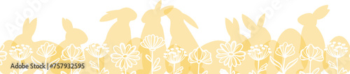 Yellow Easter floral border design, vector festive background with rabbits eggs and flowers, holiday greeting concept