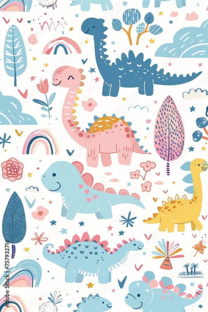 Obraz premium Colorful cartoon dinosaurs in a whimsical landscape. This vibrant image showcases playful cartoon dinosaurs in a variety of colors, surrounded by whimsical flora and other cute elements