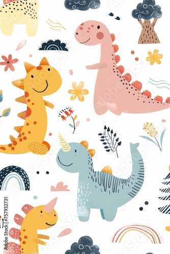 Colorful cartoon dinosaurs in a whimsical landscape. This vibrant image showcases playful cartoon dinosaurs in a variety of colors  surrounded by whimsical flora and other cute elements