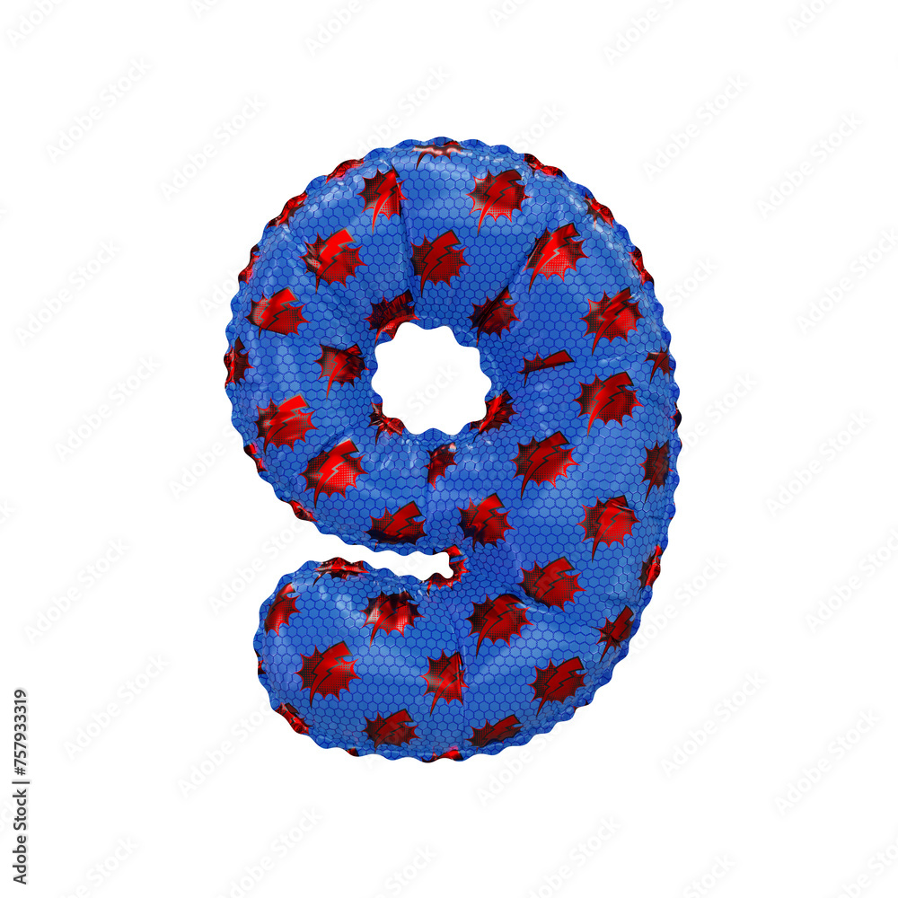 3D inflated balloon Number 9 with red & blue power lightning comic hero pattern hexagon surface