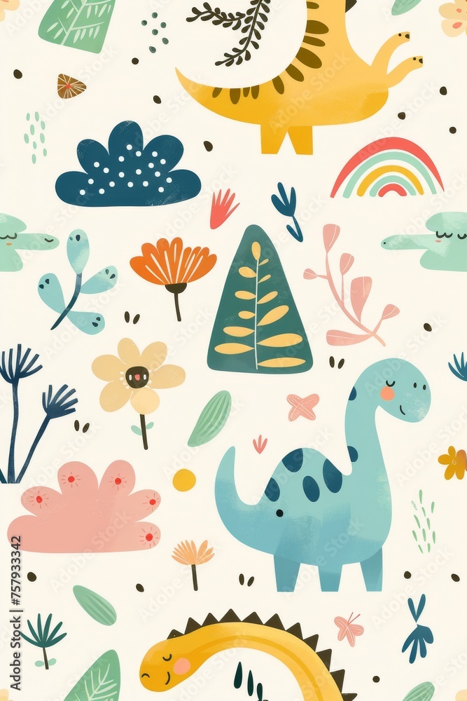 Obraz premium Colorful cartoon dinosaurs in a whimsical landscape. This vibrant image showcases playful cartoon dinosaurs in a variety of colors, surrounded by whimsical flora and other cute elements