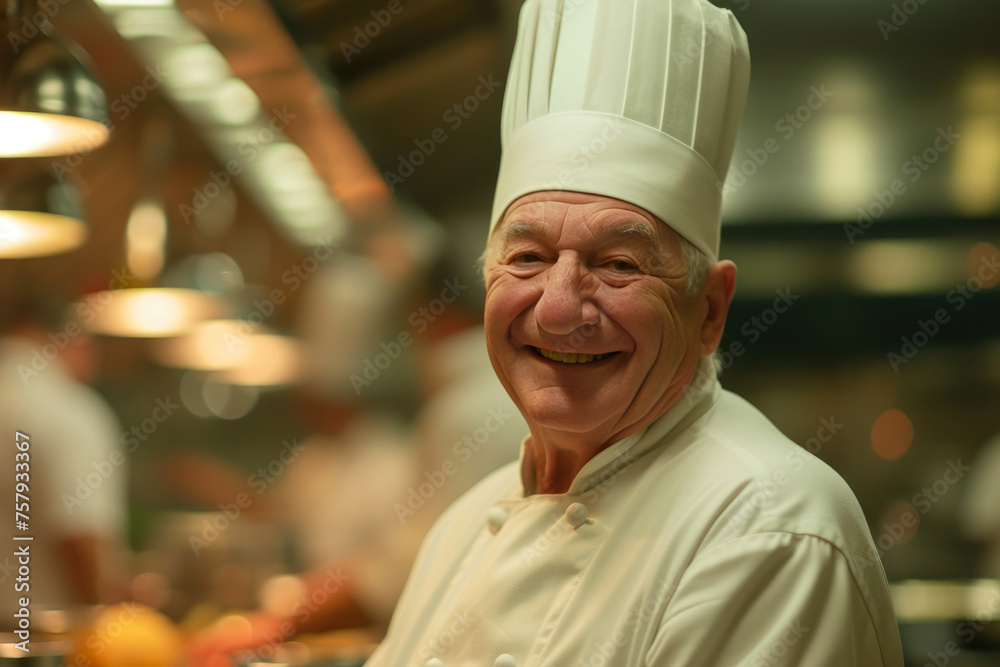 Radiant Culinary Wisdom: A Joyful Senior Chef in the Heart of the Kitchen