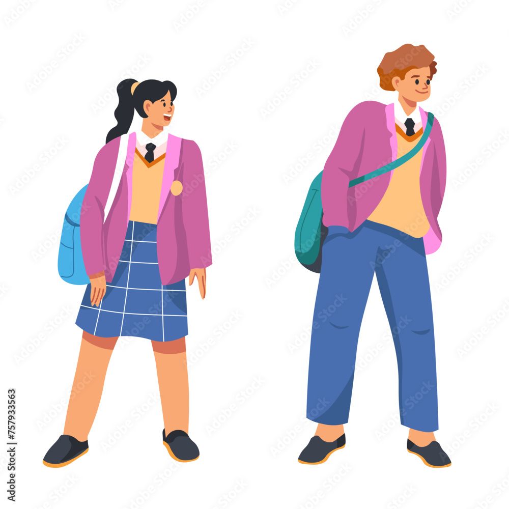 Boy and girl cartoon characters in school outfits Boy and girl cartoon characters in school outfits